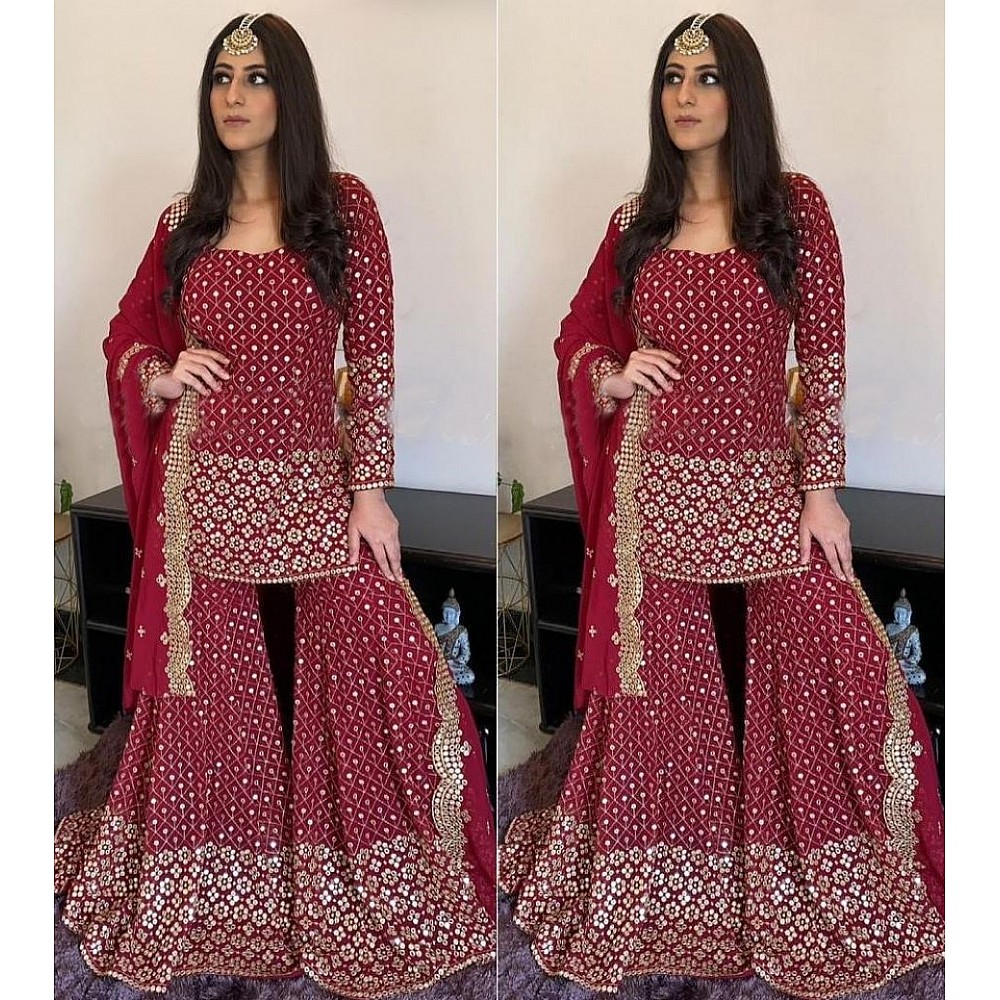 Maroon georgette embroidered sequence work top with plazzo