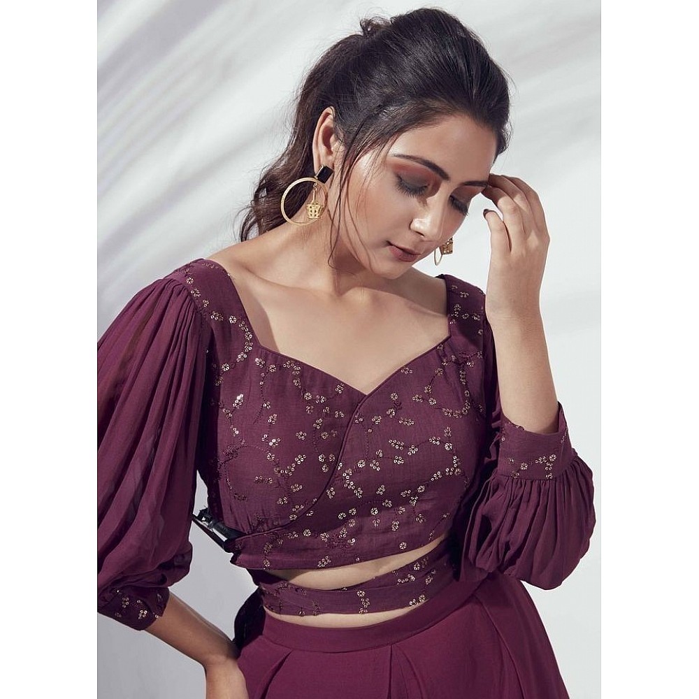 Maroon georgette sequence and threadwork plazzo suit
