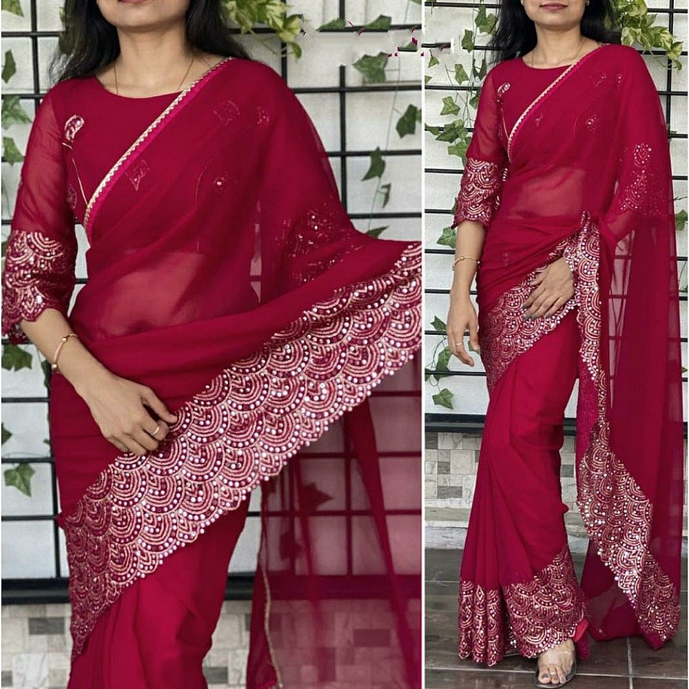 Maroon georgette sequence embroidered work party wear saree