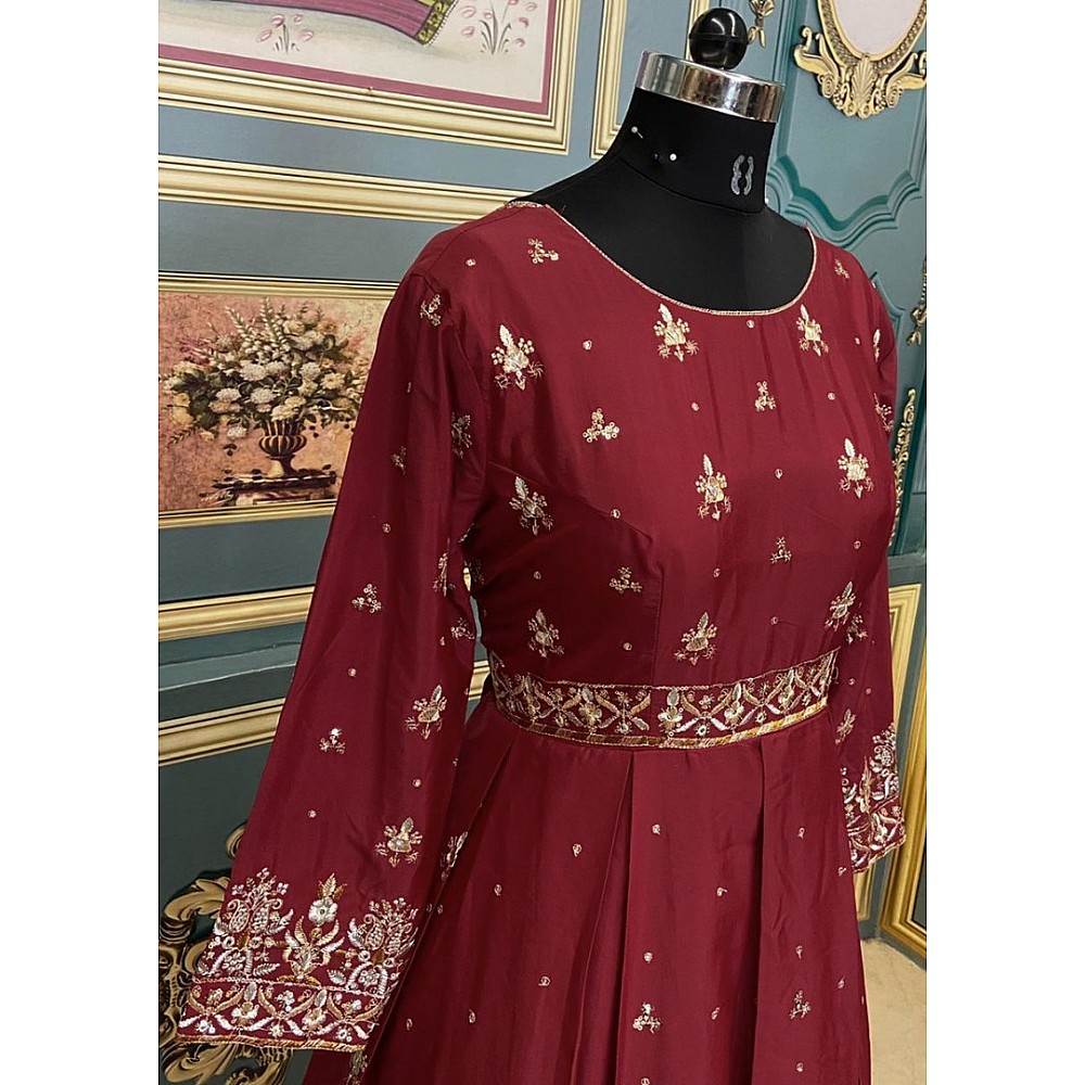 Maroon heavy malai crepe embroidery work gown