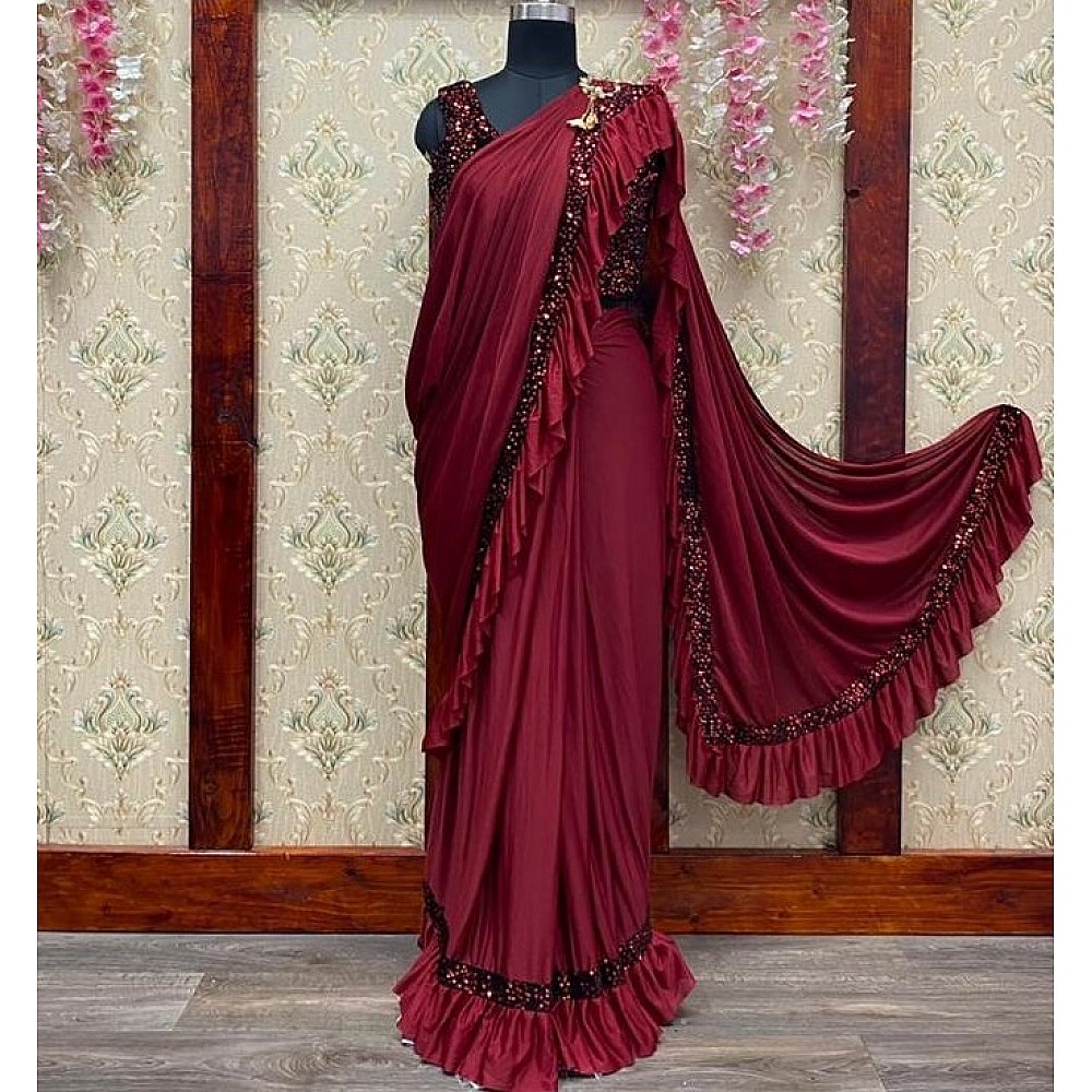 Maroon imported fabric embroidered sequence work saree