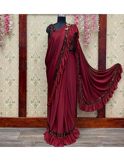 Maroon imported fabric embroidered sequence work saree