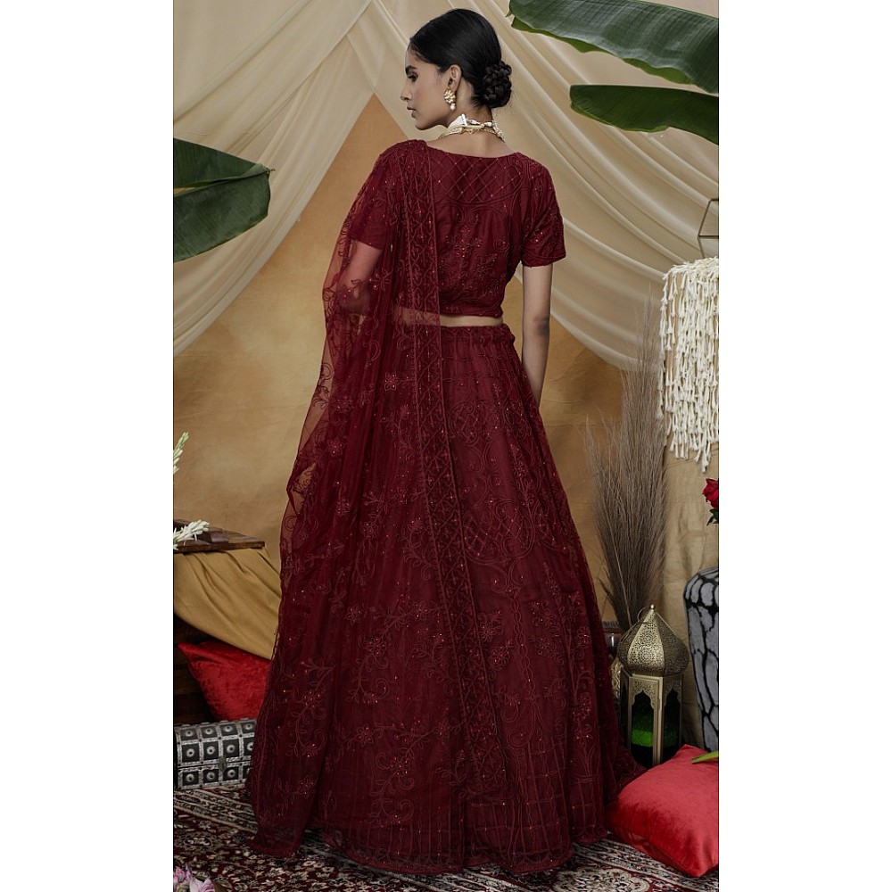Maroon net heavy embroidered s wedding lehenga choli with koti