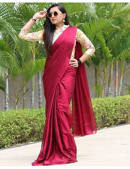 Maroon rangoli silk party wear saree with embroidered blouse