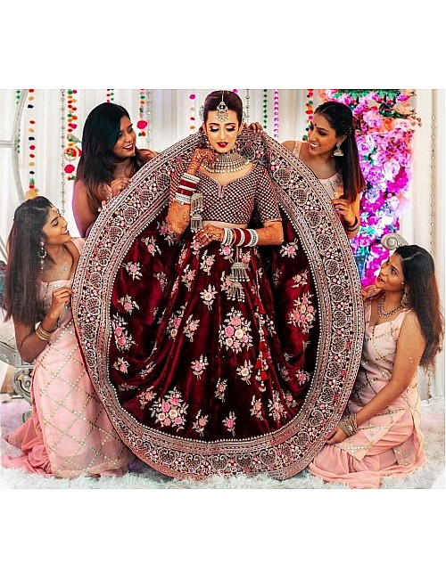 Maroon taffeta velvet heavy embroidered work wedding lehenga choli