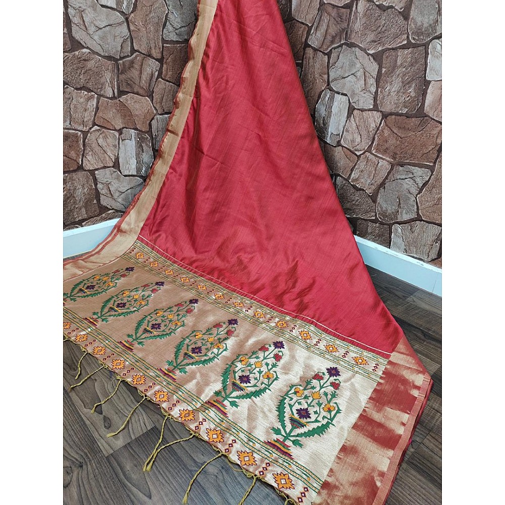 Maroon two ton silk zari jacquard weaving work saree