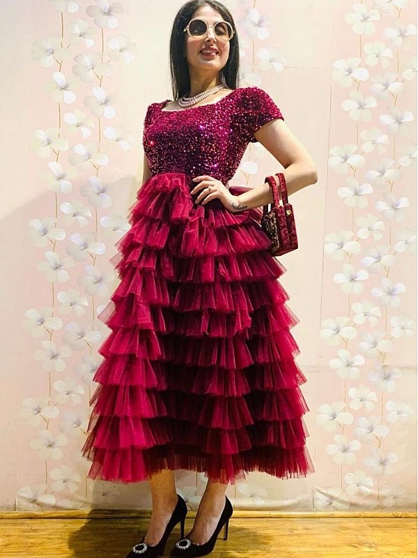 Buy Wedding Wear Heavy Embroidered Maroon Velvet Gown Online
