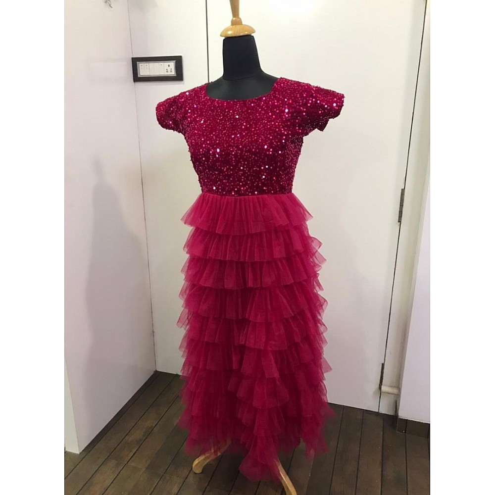 Maroon velvet and net ruffle gown