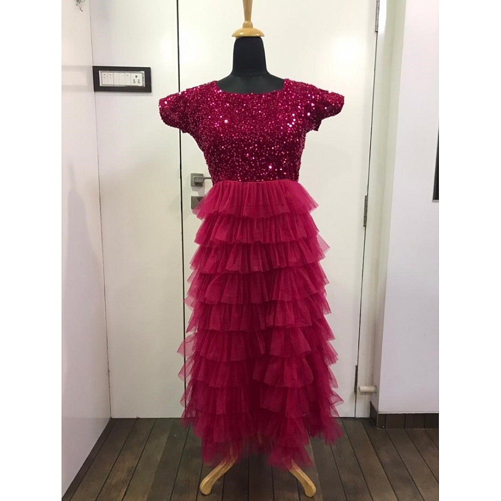 Maroon velvet and net ruffle gown