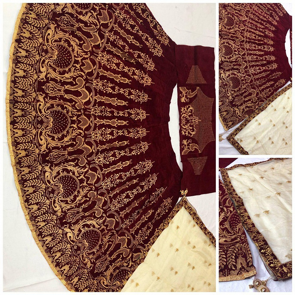 Maroon velvet heavy embroidered wedding lehenga choli