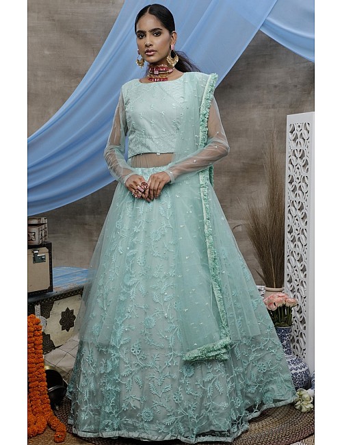 Mint green santoon embroidered party wear lehenga gown 