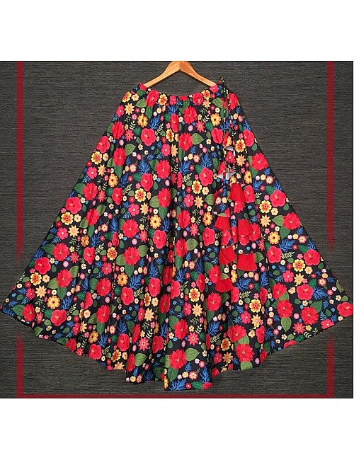 Multi-coloured rayon red flower printed skirt