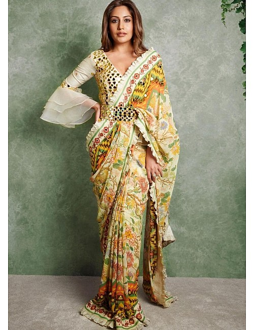 Multicolour cenon silk with print and mirror work saree 