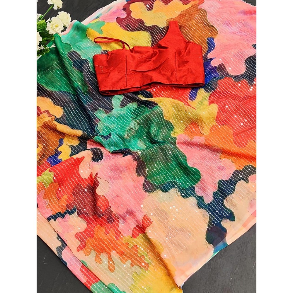 Multicolour georgette digital printed sequence work saree  