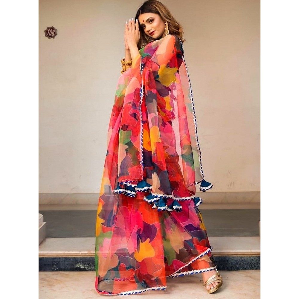 Multicolour organza silk digital printed work saree