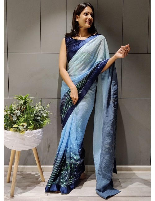 Multishaded skyblue georgette sequence work partywear saree