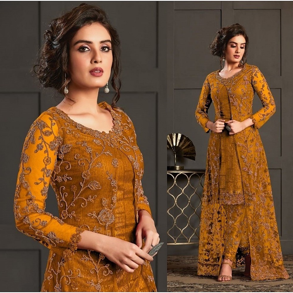 Mustard yellow heavy butterfly net with embroidered work salwar suit with koti