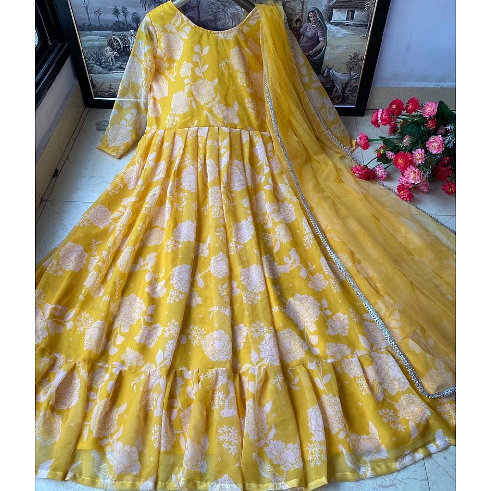 Mustard yellow heavy georgette digital flower printed work gown