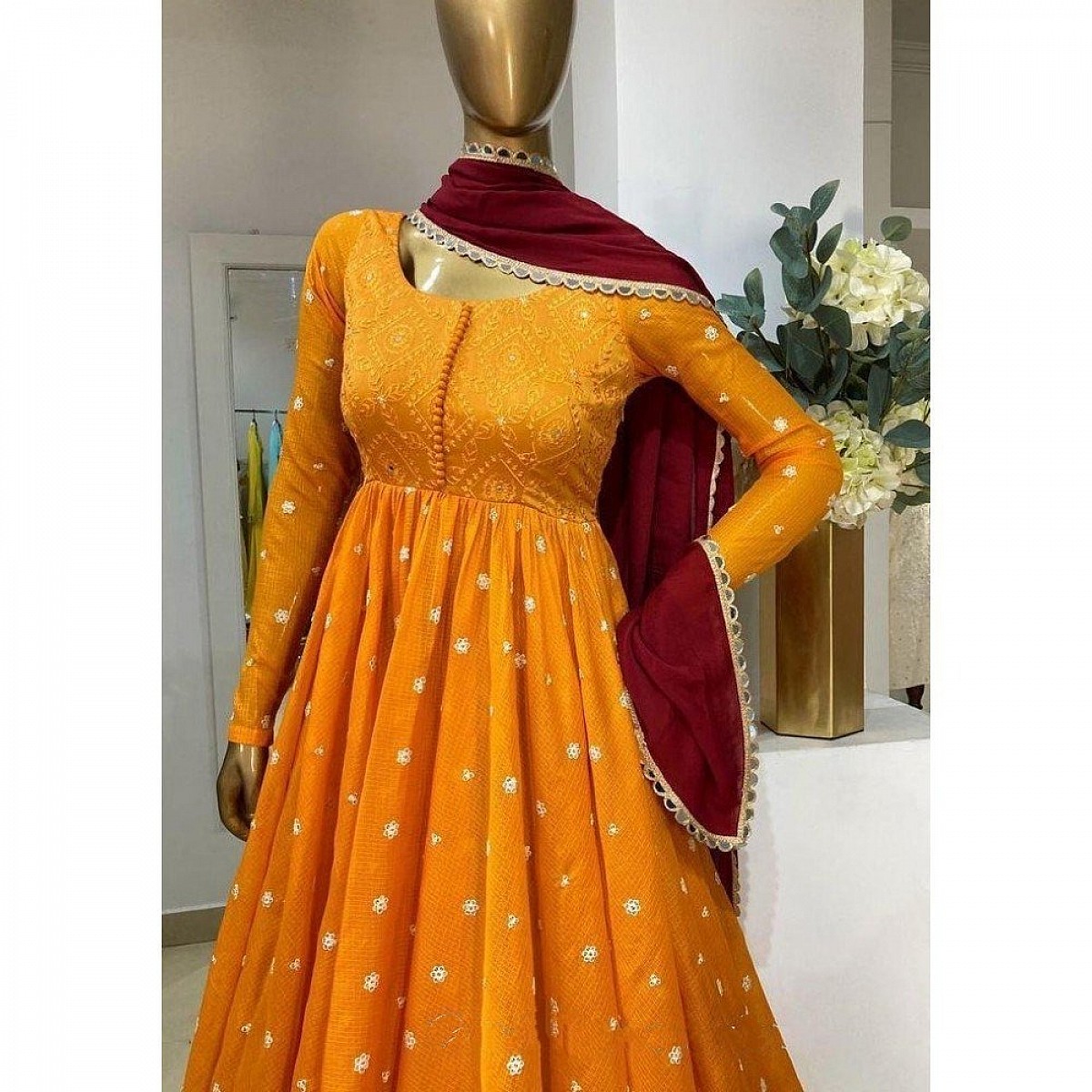 Gown : Mustard yellow heavy georgette embroidered party wear ...