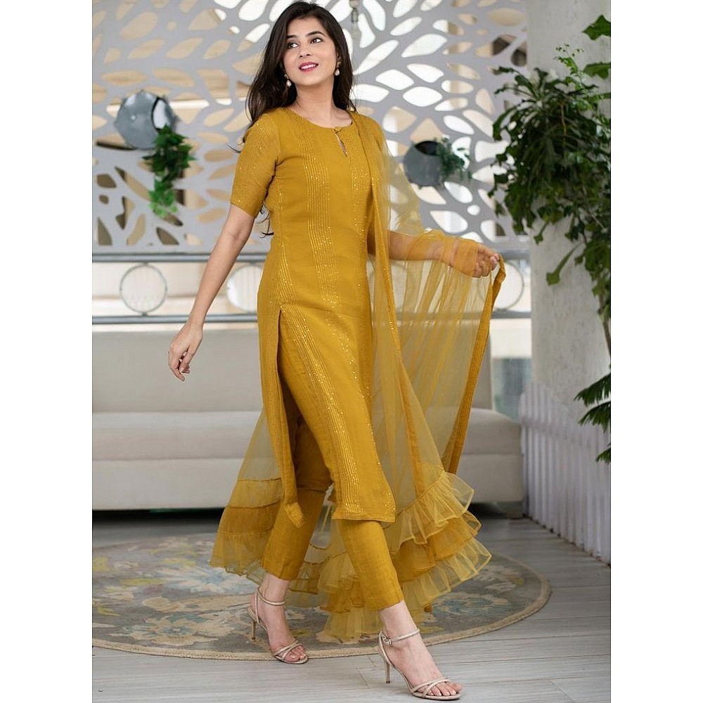 Mustard yellow rayon thread and seqeuence work salwar suit