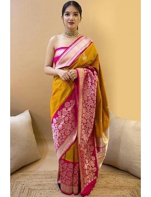 Mustard yellow soft lichi silk jacquard weaving work wedding saree