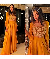 Mustared yellow georgette embroidered plazzo suit with shrug