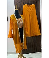 Mustared yellow georgette embroidered plazzo suit with shrug