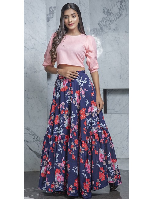 Navy blue cotton flower printed party wear crop top