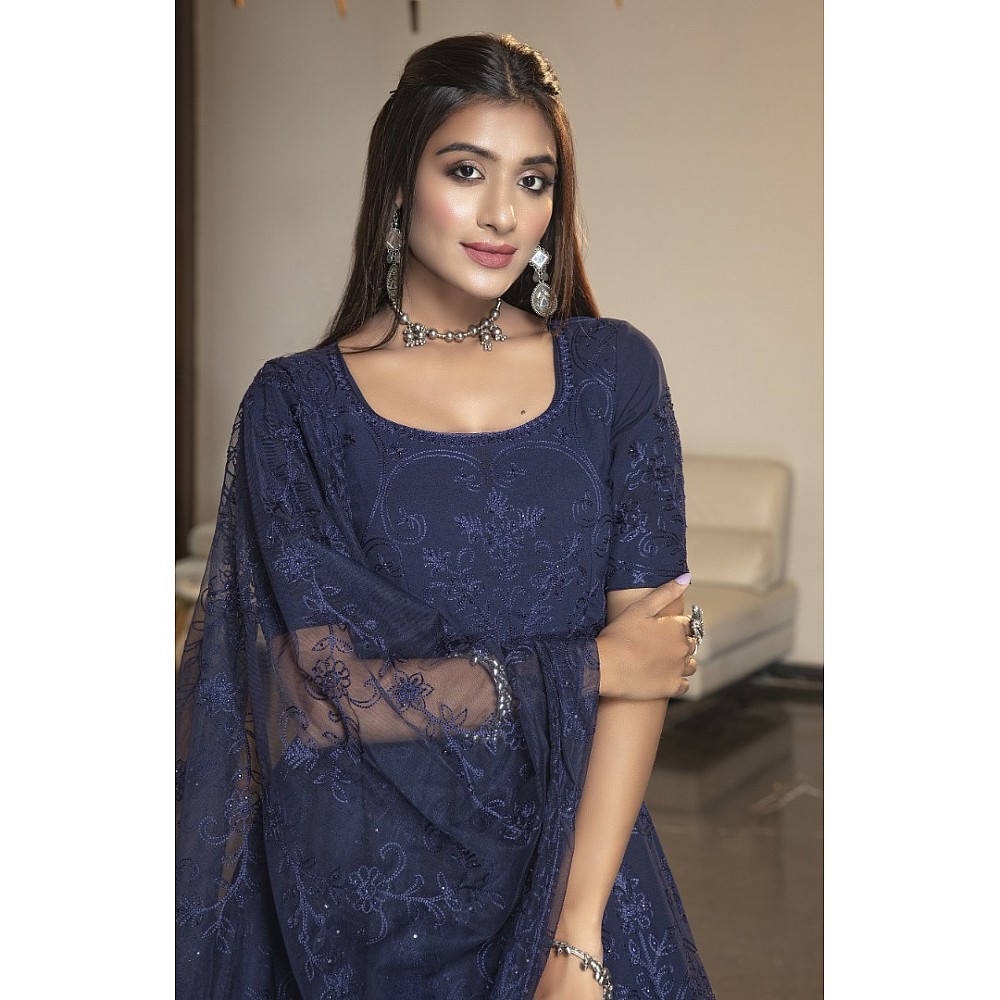 Navy blue diamond georgette embroidered anrkali gown 