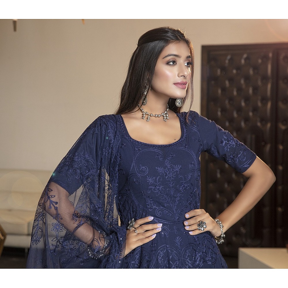 Navy blue diamond georgette embroidered anrkali gown 
