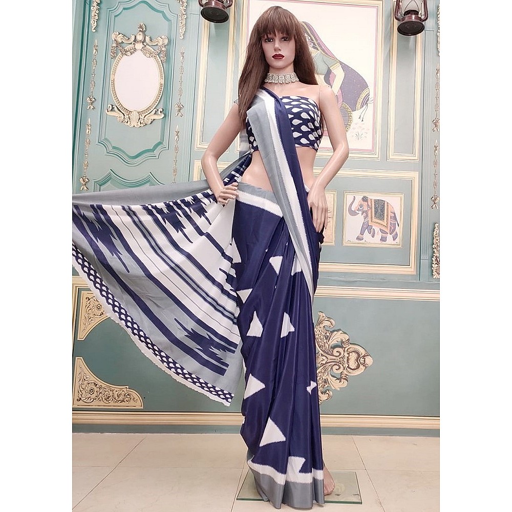 Navy blue fancy silk digital printed saree