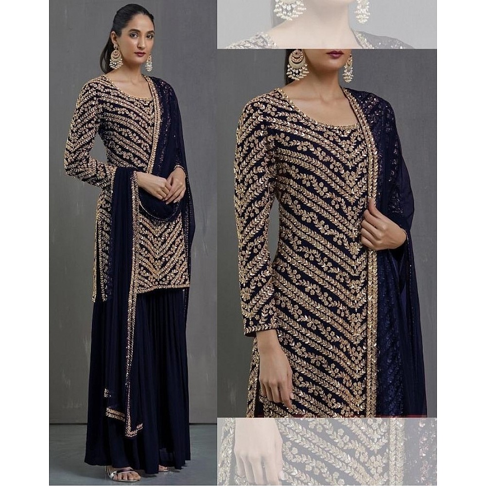 Navy blue faux georgette embroidered sequence plazzo suit