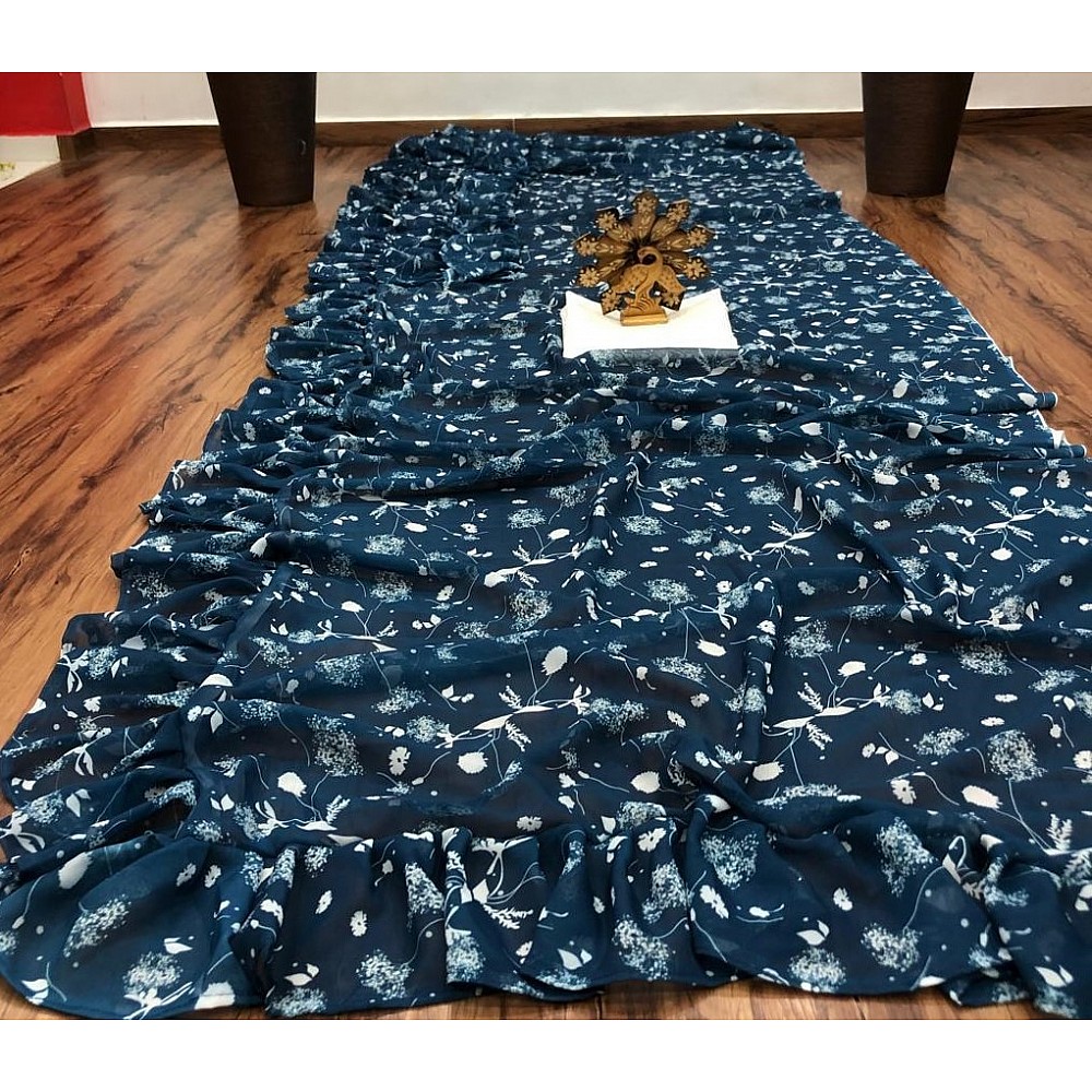 Navy blue georgette digital printed work ruffle saree