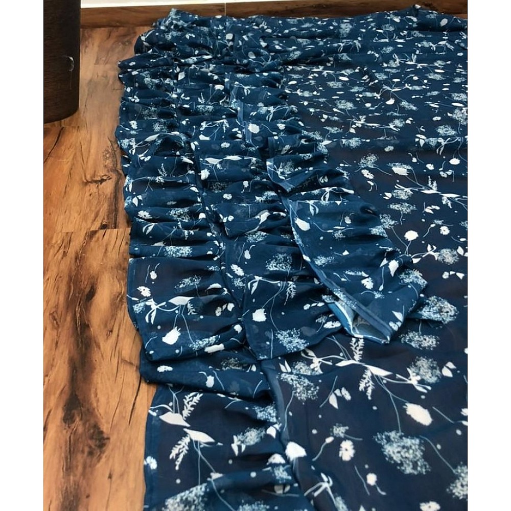 Navy blue georgette digital printed work ruffle saree