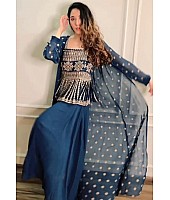 Navy blue georgette embroidered indowestern plazzo suit with shrug