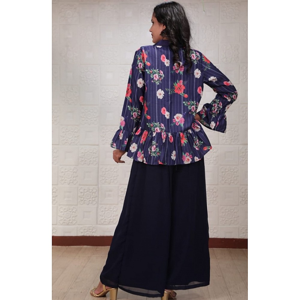 Navy blue georgette sequence work plazzo suit with printed koti