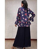 Navy blue georgette sequence work plazzo suit with printed koti