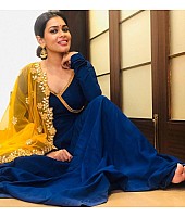 Navy blue georgette with ready made lace party wear gown