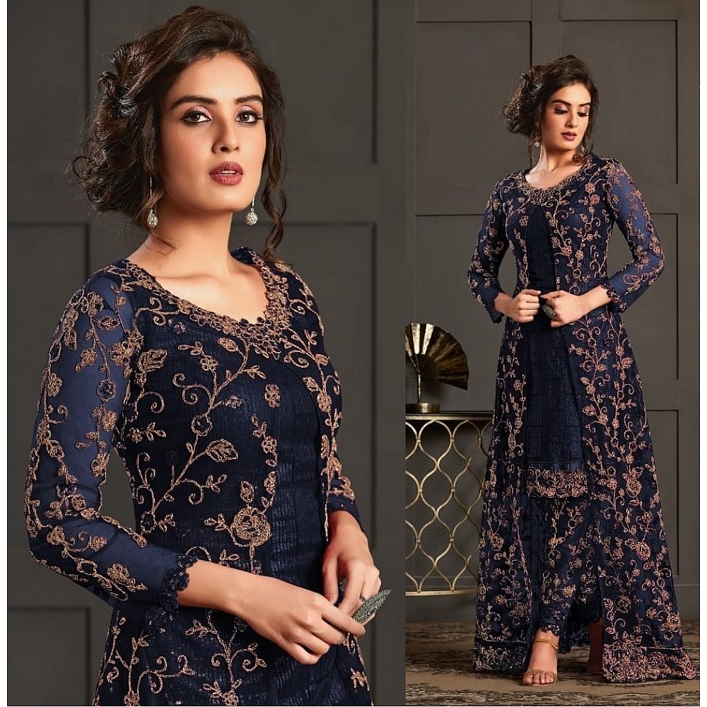 Navy blue heavy butterfly net with embroidered work salwar suit with koti