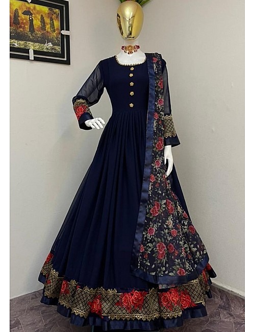 Navy blue jacquard weaving work party wear gown