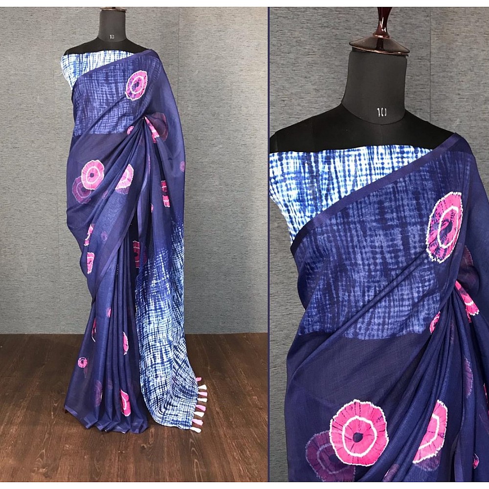 Navy blue linen digital printed with cotton tussles work saree