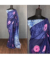 Navy blue linen digital printed with cotton tussles work saree