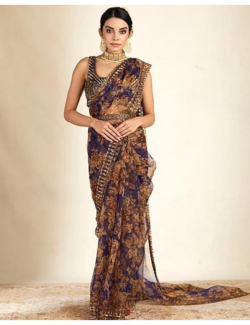 Navy blue organza with print and cording sequence work saree