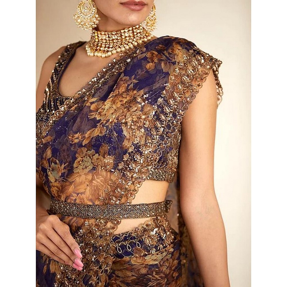 Navy blue organza with print and cording sequence work saree