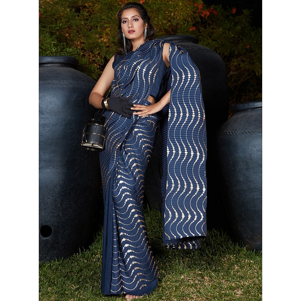 Navy blue silk foil print with platting work designer saree