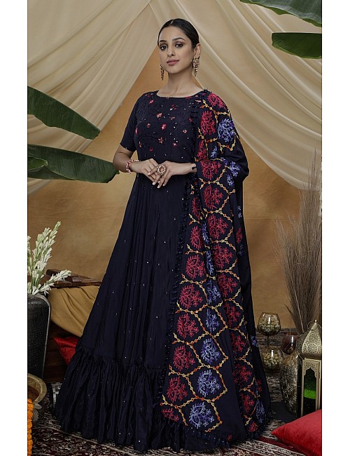Navy blue silk sequence embroidered anarkali gown 