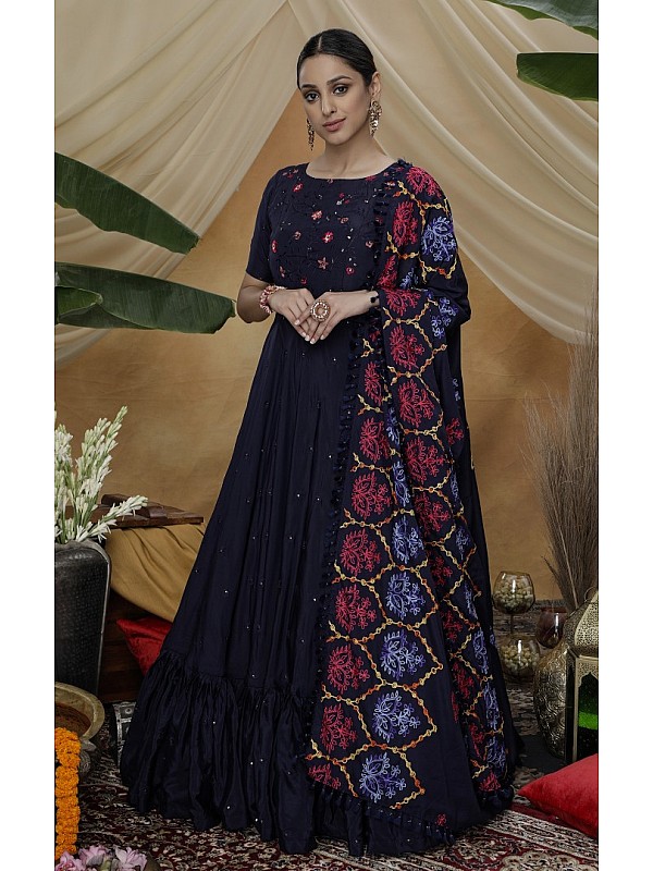 Shop Blue Silk Anarkali Gown Party Wear Online at Best Price | Cbazaar