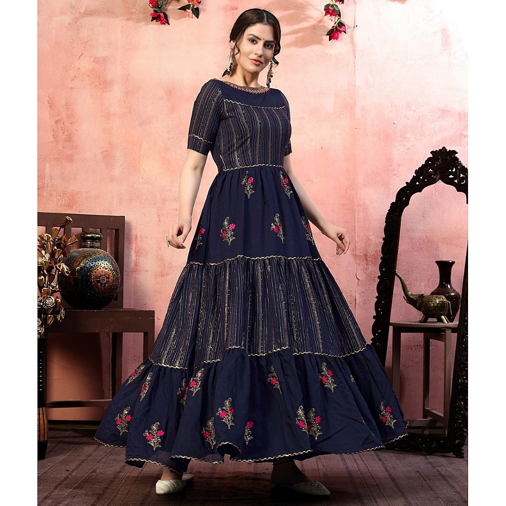 Navy blue silk sequence thread embroidered party wear gown