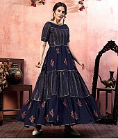 Navy blue silk sequence thread embroidered party wear gown