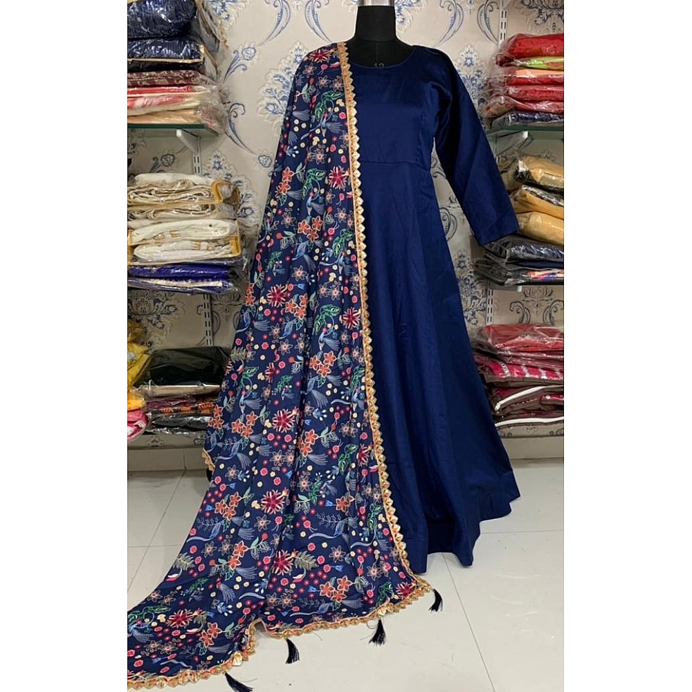 Navy blue taffeta satin silk gown with zari embroidered dupatta
